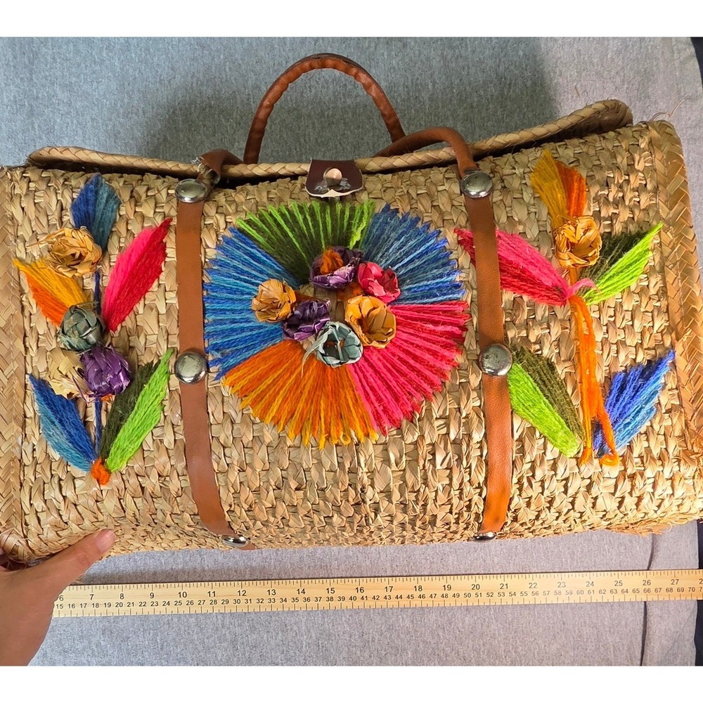 Vintage Mexican Straw Tote Bag Large Hand Embroidered Floral Woven Beach Satchel